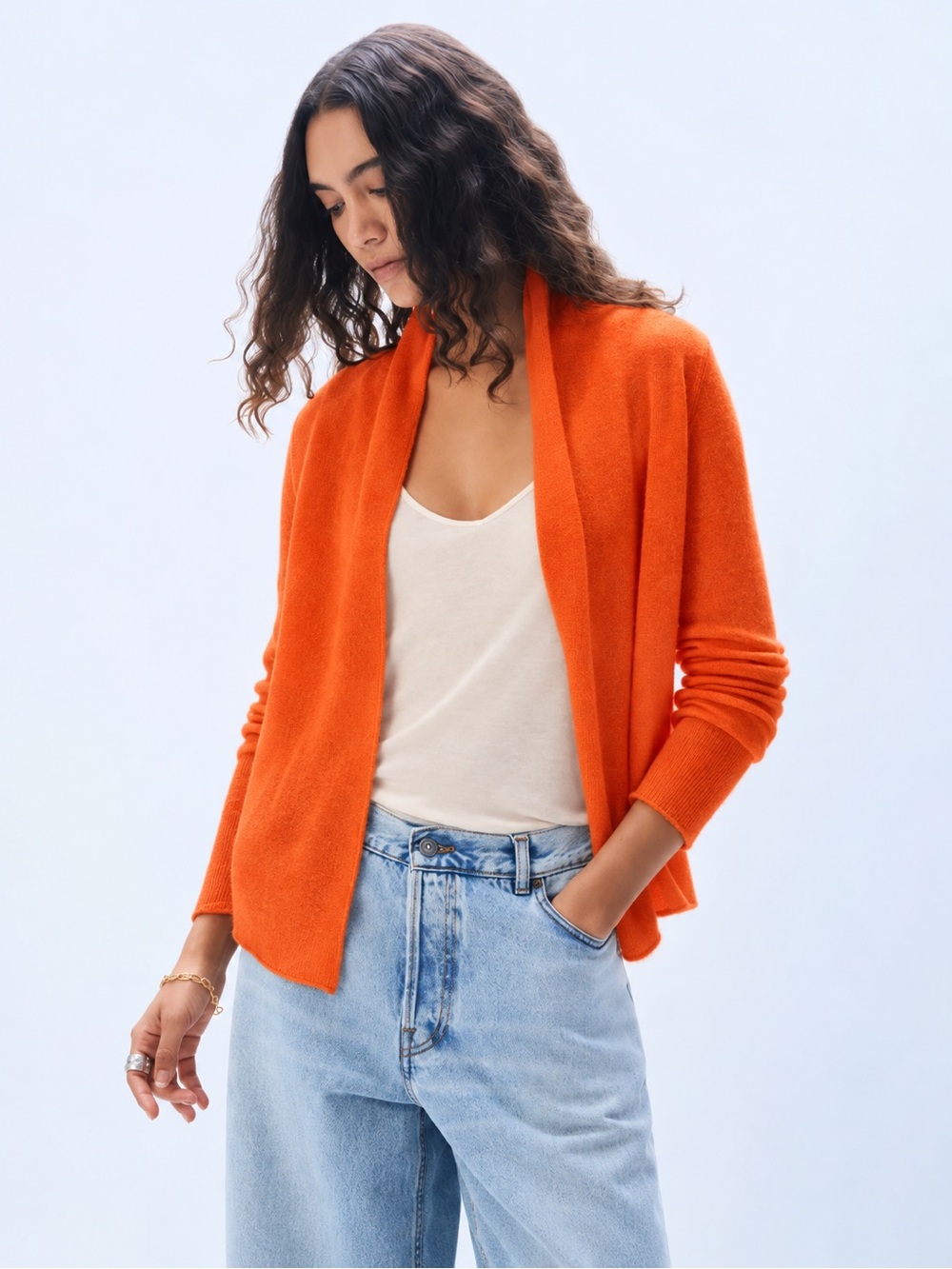 White + Warren Cashmere Mini Trapeze Cardigan Orange 100% Cashmere $275